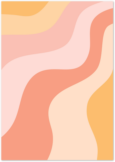 Abstract poster with flowing wave shapes in peach, coral, blush pink and yellow tones