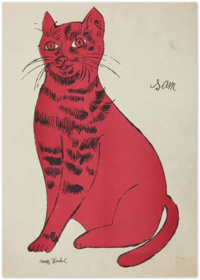 Pop art style illustration of a red tabby cat named Sam with black outlines on cream background