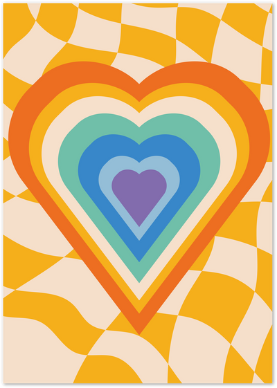 Concentric rainbow heart in orange, yellow, teal, blue and purple on a warped yellow checkerboard background