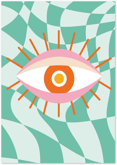 Illustrated eye with pink lids, orange and yellow iris, and orange sunburst lashes on teal checkerboard background