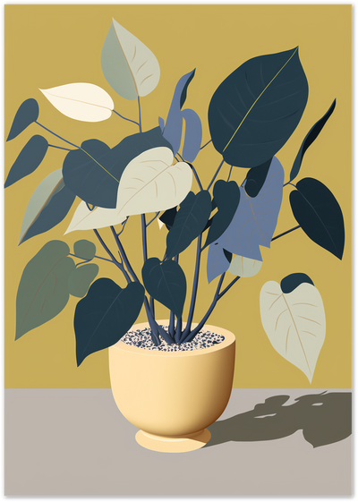 Illustrated potted plant with navy and blue heart-shaped leaves against a mustard-yellow background