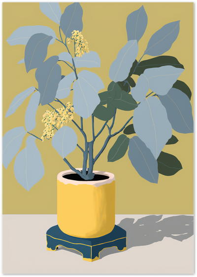 Illustration of a potted plant with blue-grey leaves and yellow flower clusters in a yellow pot