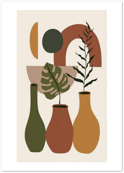 Abstract illustration of three vases with a monstera leaf and branch among geometric shapes