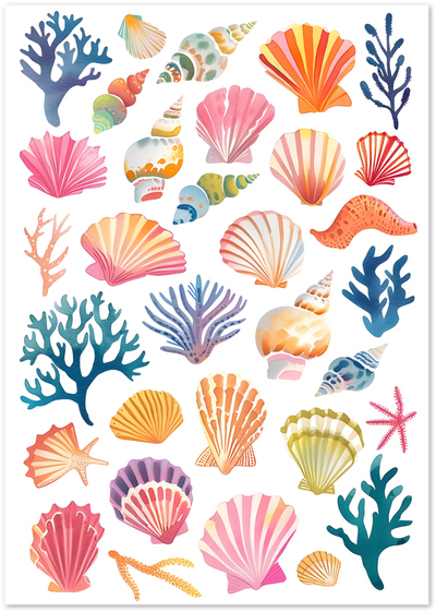 Grid illustration of watercolour seashells, coral branches and starfish in warm and cool tones
