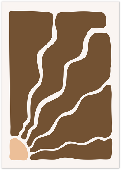 Abstract poster with wavy cream lines flowing through a brown field above a peach curved shape