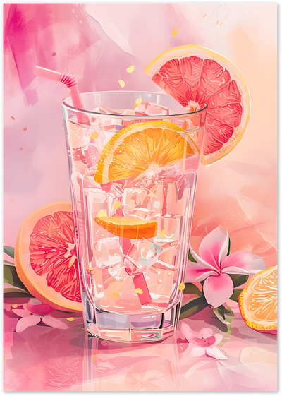 Illustrated glass of pink cocktail with ice, orange and grapefruit slices and pink flowers