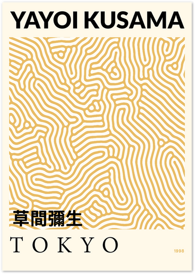 Poster with golden organic line pattern, text Yayoi Kusama and Tokyo on cream background