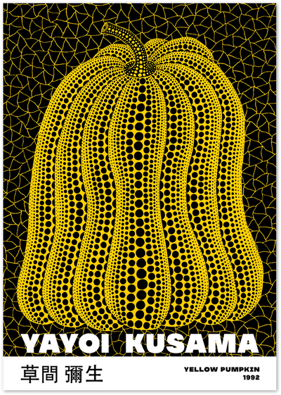 Yayoi Kusama Yellow Pumpkin poster with polka-dot pattern on black cracked background