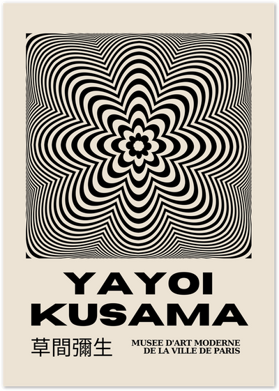 Yayoi Kusama exhibition poster with black and cream optical flower pattern and bold typography
