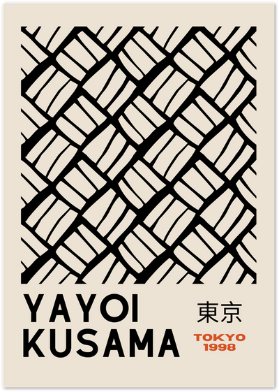 Poster with abstract black woven diagonal line pattern on beige, labeled Yayoi Kusama Tokyo 1998