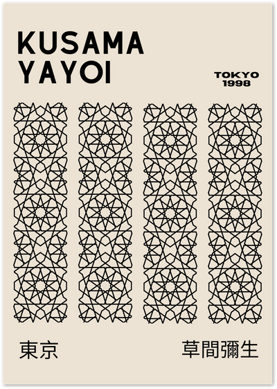 Beige poster with Kusama Yayoi text, Tokyo 1998, four columns of geometric star patterns