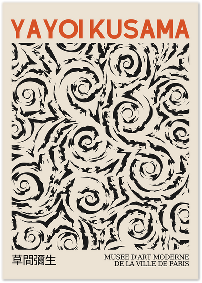 Yayoi Kusama exhibition poster with black spiral pattern on beige background