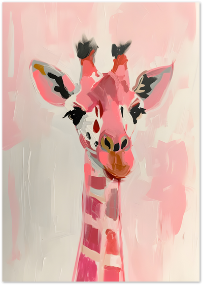 Abstract painterly portrait of a giraffe in soft pink tones against a blush background