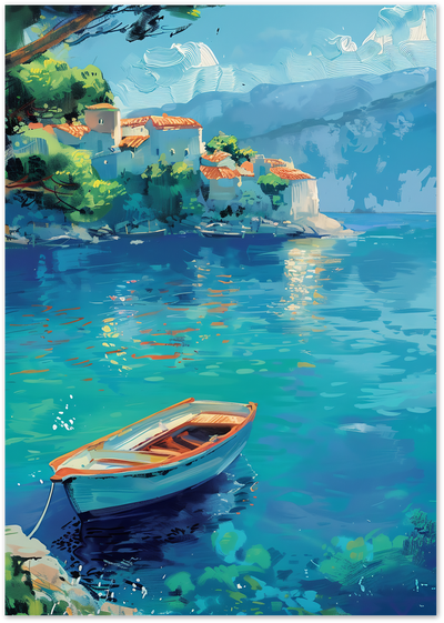 Painting of a wooden rowboat on turquoise water near a Mediterranean hillside village