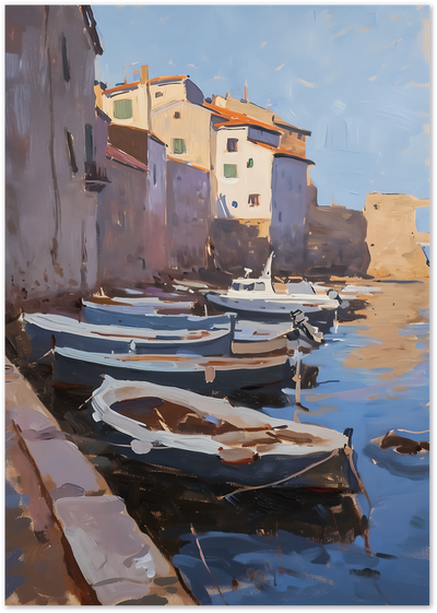 Painting of wooden fishing boats moored in a Mediterranean harbor beside pastel village houses
