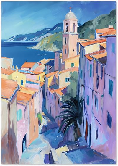 Painting of a Mediterranean coastal village alley with bell tower, pastel houses and sea view