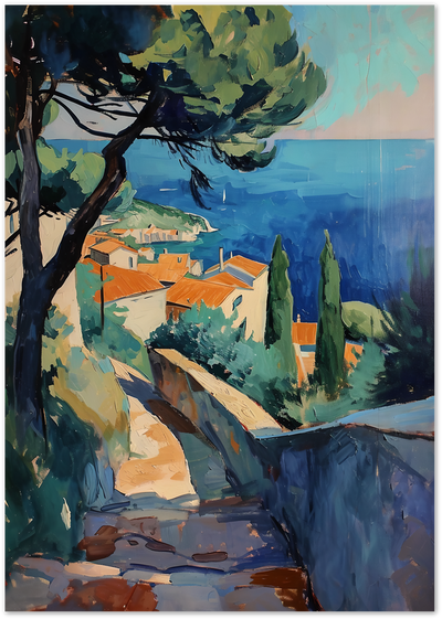 Painted Mediterranean coastal village with orange roofs, cypress trees and sea view