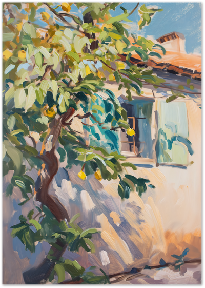 Painting of a lemon tree in front of a terracotta-roofed Mediterranean house with blue shutters