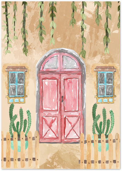 Watercolor poster of a pink arched door with blue shutters, vines and cacti in a garden