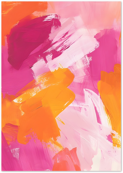 Abstract painting with bold pink, magenta and orange brushstrokes on a light background