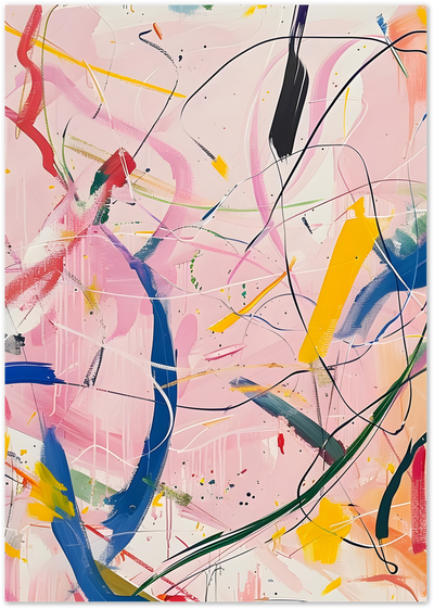 Abstract painting with colourful gestural brushstrokes and black lines on a pink background