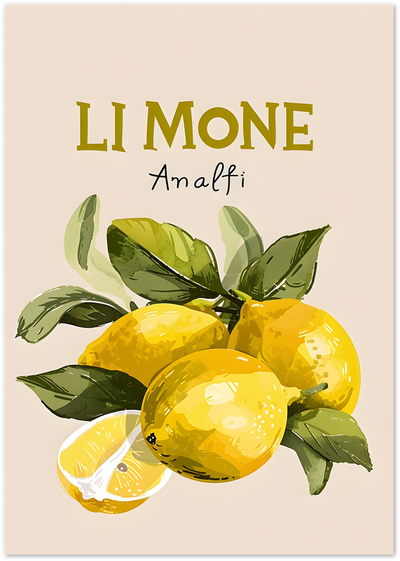 Illustrated poster of yellow lemons with green leaves and Limone Amalfi typography on beige background