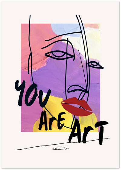 Abstract single-line face drawing with red lips over pink, purple and yellow background, text You Are Art