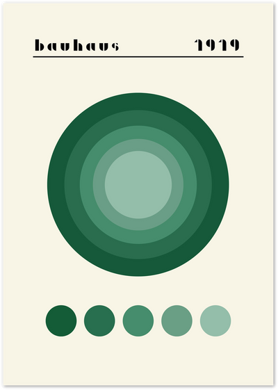 Bauhaus 1919 poster with concentric green circles and stencil typography on cream background