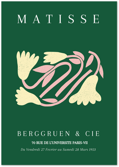 Matisse exhibition poster with cream and pink floral cut-out shapes on a green background