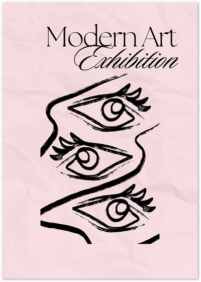 Line art poster of an abstract face with three eyes and Modern Art Exhibition text on pink background