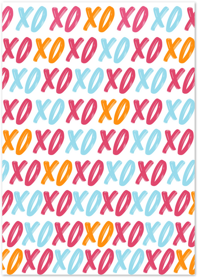 Pattern poster with hand-painted XO brush strokes in pink, blue and orange on white