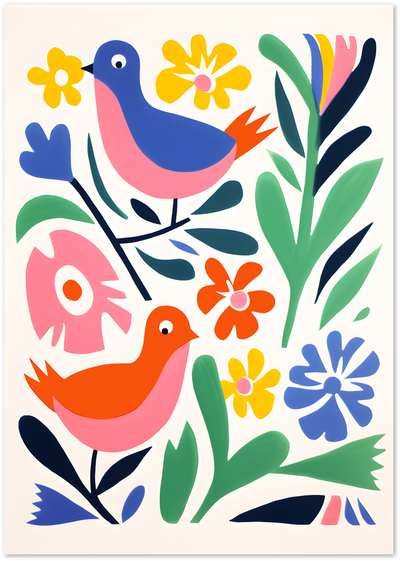Colourful folk-art poster with two illustrated birds and bold flowers on cream background