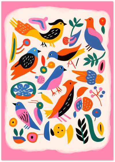 Colourful folk-art poster of illustrated birds, leaves and abstract botanical shapes on cream background with pink border