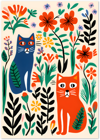 Folk-art poster of a blue cat and an orange cat surrounded by colourful flowers and leaves