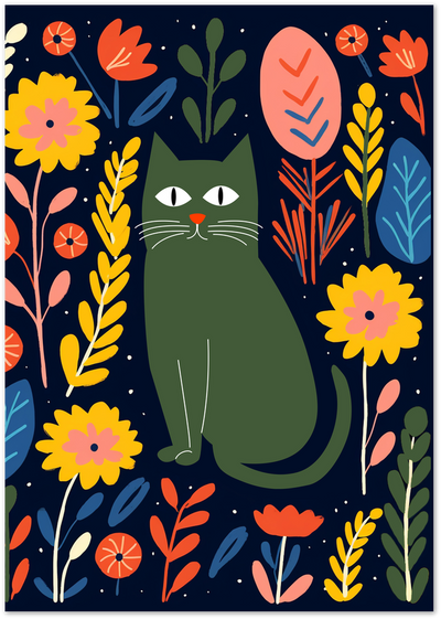 Stylised green cat surrounded by colourful folk-art flowers and leaves on a navy background