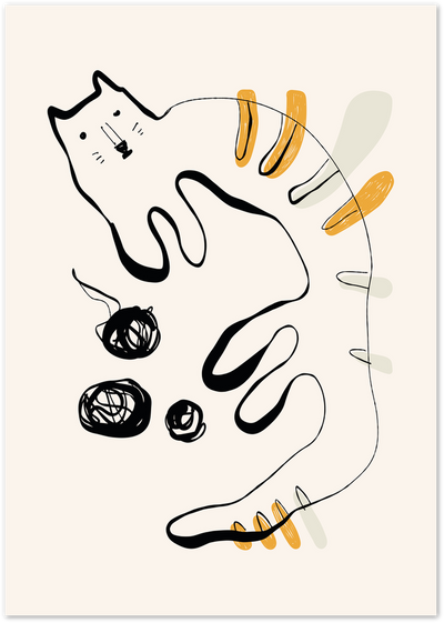 Line art illustration of a stretched cat with yarn balls and orange accent marks on beige background