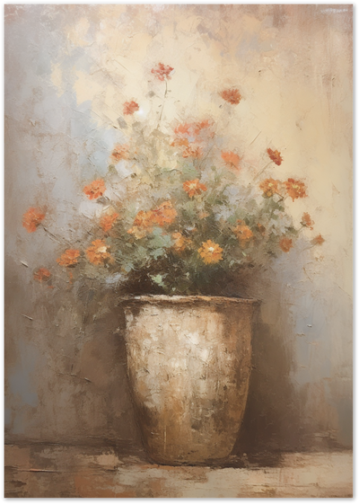Painting of orange and coral flowers in a weathered terracotta pot on a beige background
