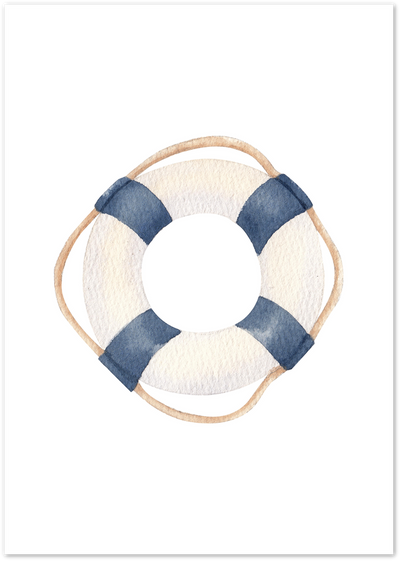Watercolour illustration of a navy blue and white lifebuoy with tan rope trim on white background