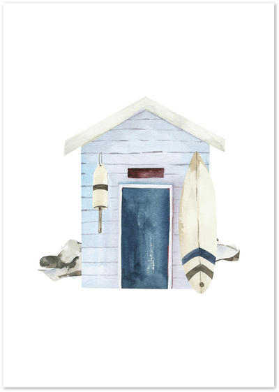 Watercolor beach house with navy door, buoy and surfboard against sand dunes
