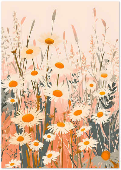 Illustration of white daisies with orange centres in a wildflower meadow on a peach background