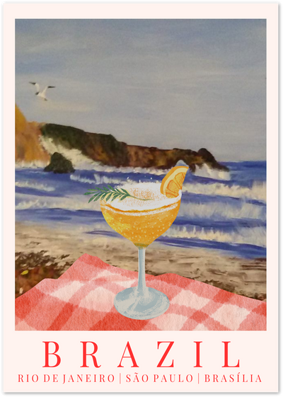Brazil poster showing a coastal cliff scene with a citrus cocktail on a picnic blanket