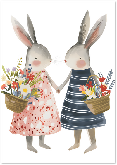 Illustration of two rabbits in dresses holding hands, carrying baskets of flowers