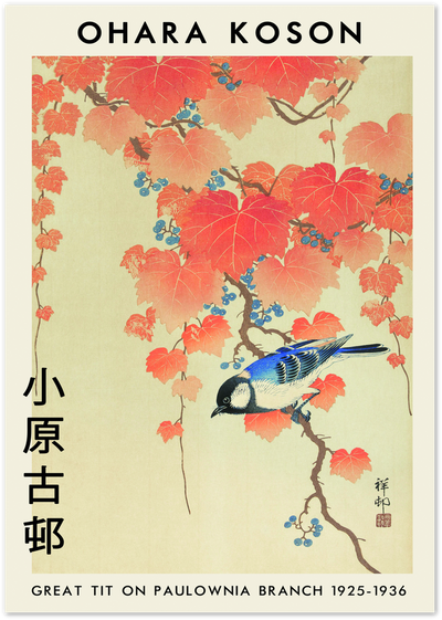Ohara Koson woodblock print of a great tit bird on a paulownia branch with red autumn leaves