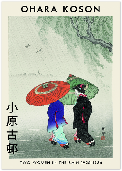 Ohara Koson woodblock print of two women with umbrellas walking in the rain under a willow tree