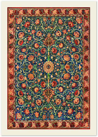 Antique-style carpet poster with blue floral lattice pattern and red coral border design