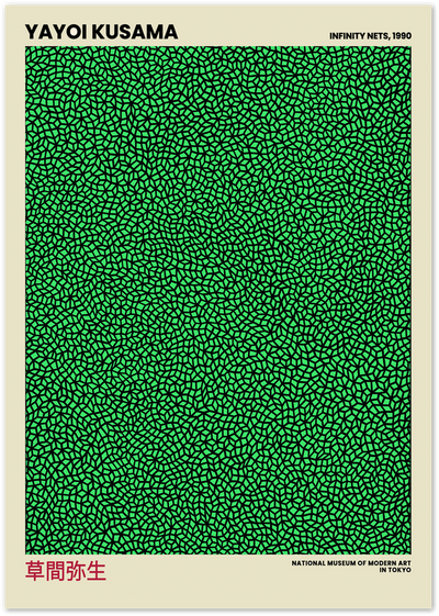 Yayoi Kusama Infinity Nets poster with green cellular pattern on black, museum exhibition label
