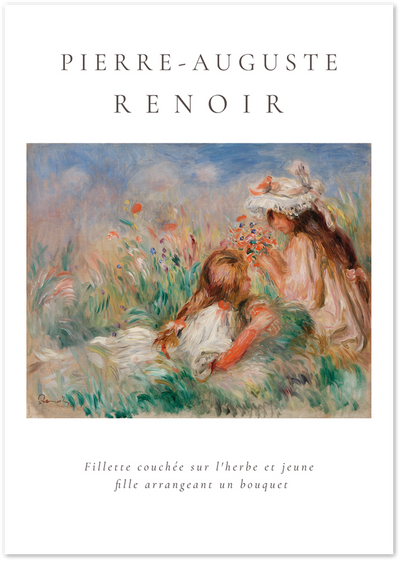 Renoir painting of two girls in a meadow arranging a bouquet of wildflowers
