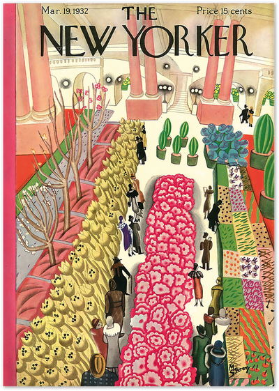 Vintage 1932 magazine cover illustration of a botanical garden with cacti and flowers
