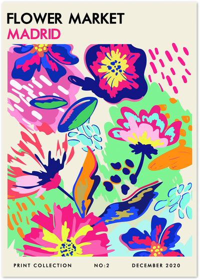 Colorful abstract flower market Madrid poster with bold pink, blue and green floral shapes