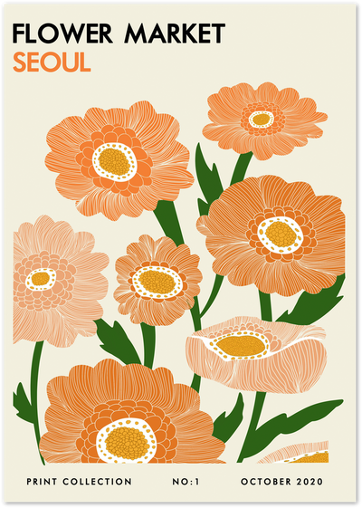 Flower Market Seoul poster with orange and peach illustrated zinnia flowers on cream background